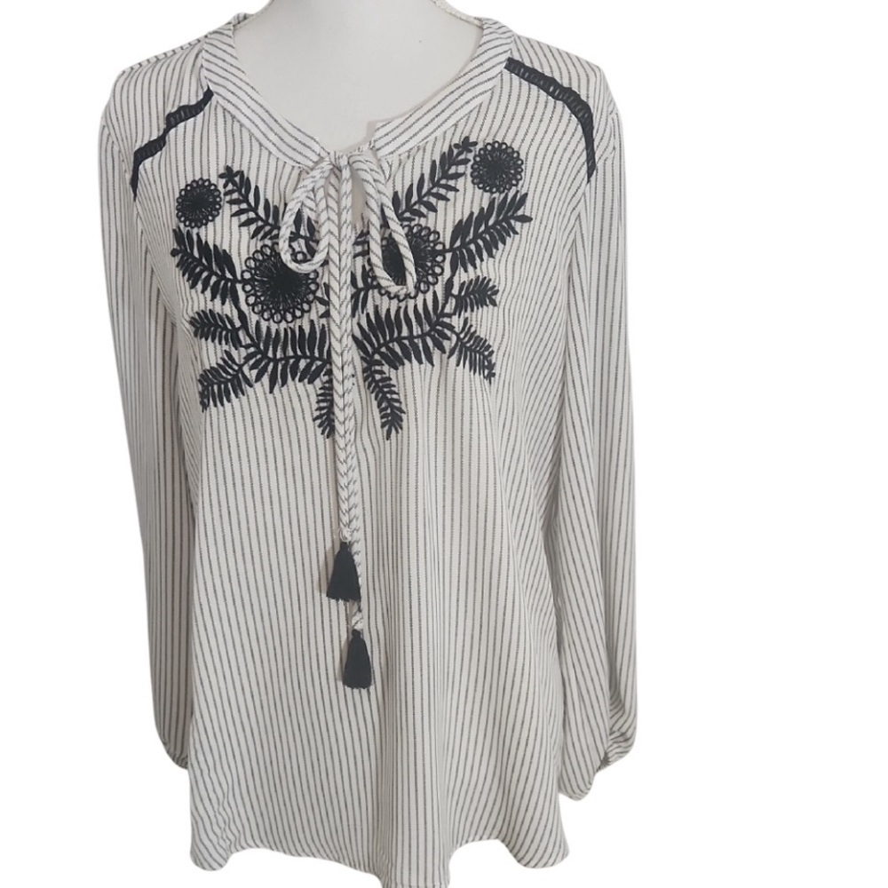 Christopher & Banks White & Black Striped printed Bishop Sleeve Top NWT  Size L